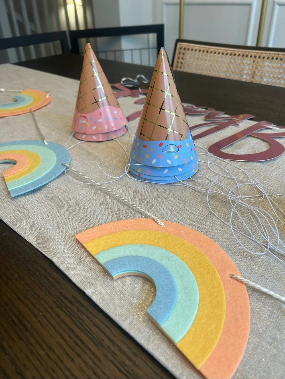 Pastel Birthday Party Decor Bundle – Rainbow Garland, Ice Cream Party Hats,